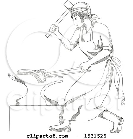 Clipart of a Sketched Female Blacksmith Forging Metal - Royalty Free Vector Illustration by patrimonio