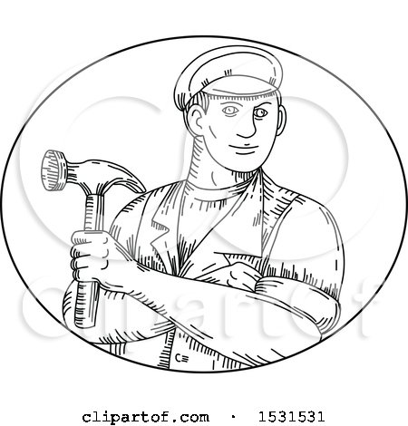 Clipart of a Sketched Handyman or Carpenter Holding a Hammer - Royalty Free Vector Illustration by patrimonio