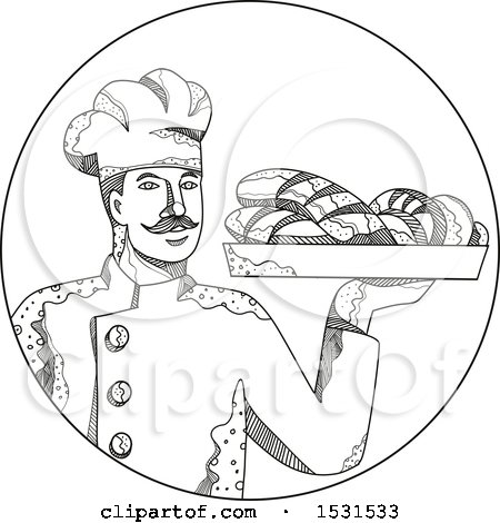 Clipart of a Sketched Baker Pastry Chef Holding a Plate of Bread in a Circle - Royalty Free Vector Illustration by patrimonio