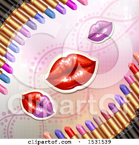 Clipart of a Lips and Pixel Background with Borders of Lipstick Tubes - Royalty Free Vector Illustration by merlinul