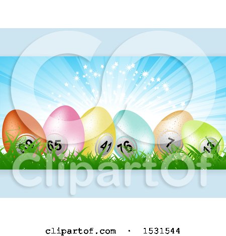 Clipart of a Panel of 3d Colorful Numbered Bingo or Lottery Easter Eggs in Grass - Royalty Free Vector Illustration by elaineitalia