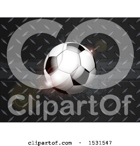 Clipart of a 3d Soccer Ball with Flares on a Diamond Plate Background - Royalty Free Vector Illustration by elaineitalia