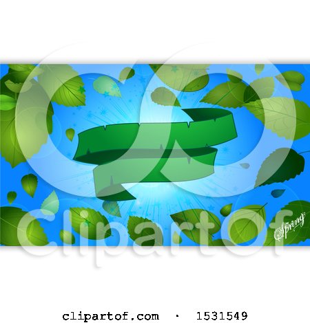 Clipart of a Green Ribbon Banner over a Sunny Blue Sky with Spring Leaves and Text, with White Panels - Royalty Free Vector Illustration by elaineitalia