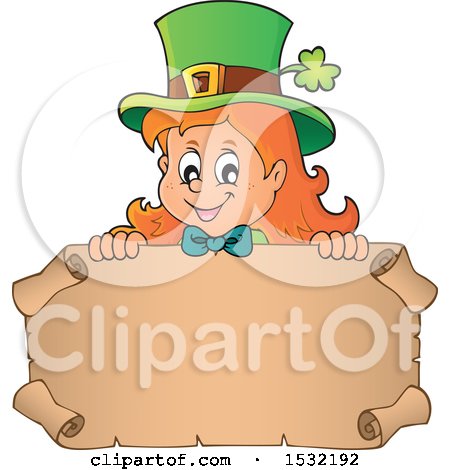 Clipart of a Female Leprechaun over a Blank St Patricks Day Scroll - Royalty Free Vector Illustration by visekart