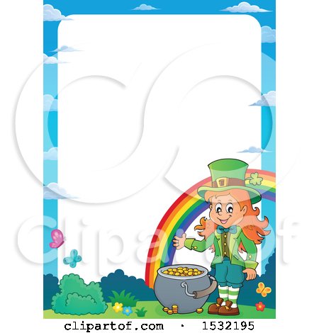 Clipart of a Border of a St Patricks Day Female Leprechaun with a Pot of Gold at the End of a Rainbow - Royalty Free Vector Illustration by visekart