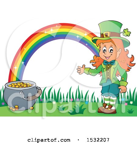 Clipart of a St Patricks Day Female Leprechaun with a Pot of Gold at the End of a Rainbow - Royalty Free Vector Illustration by visekart