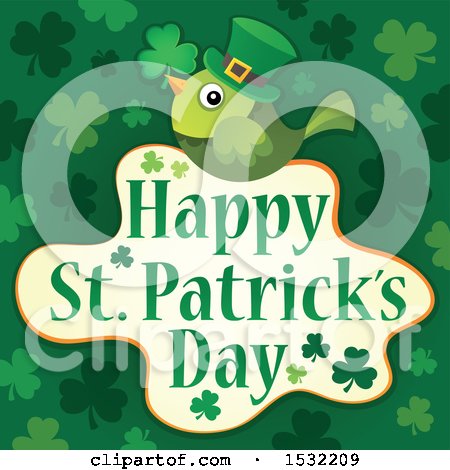 Clipart of a Happy St Patricks Day Greeting with a Green Bird - Royalty Free Vector Illustration by visekart