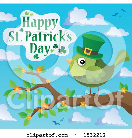 Clipart of a Happy St Patricks Day Greeting with a Green Bird - Royalty Free Vector Illustration by visekart