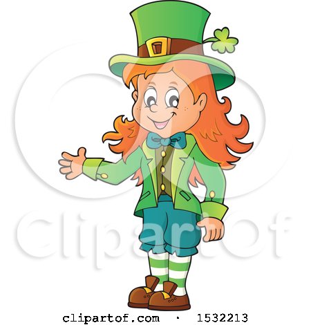Clipart of a St Patricks Day Female Leprechaun Presenting - Royalty Free Vector Illustration by visekart