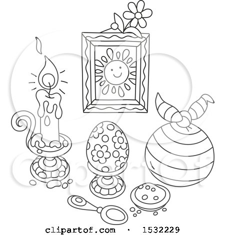 Clipart of a Black and White Still Life of Easter Holiday Items - Royalty Free Vector Illustration by Alex Bannykh