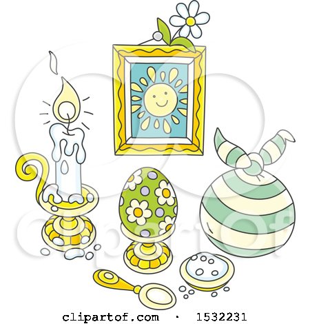 Clipart of a Still Life of Easter Holiday Salt, a Candle, Egg and Picture with Other Items - Royalty Free Vector Illustration by Alex Bannykh