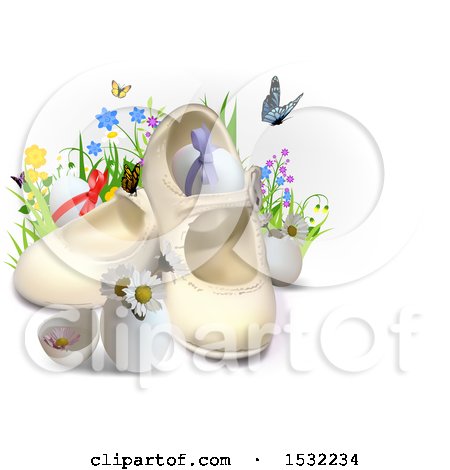 Clipart of 3d Easter Eggs, Flowers, Butterflies and Baby Shoes, on a Shaded White Background - Royalty Free Vector Illustration by dero