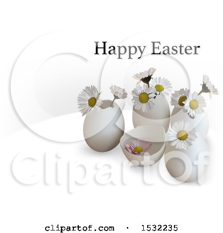 Clipart of a Happy Easter Greeting over 3d Eggs and Daisy Flowers, on a Shaded White Background - Royalty Free Vector Illustration by dero