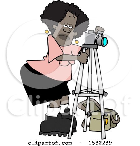 Clipart of a Black Female Photographer Taking Pictures with a Camera on a Tripod - Royalty Free Vector Illustration by djart