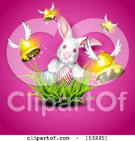 Clipart of a White Easter Bunny with Eggs in Grass and Flying Bells on Pink - Royalty Free Vector Illustration by Oligo