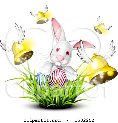 Clipart of a White Bunny Rabbit with Easter Eggs in Grass and Flying Bells - Royalty Free Vector Illustration by Oligo