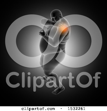 Clipart of a 3d Overweight Man with Glowing Shoulder Joint Pain - Royalty Free Illustration by KJ Pargeter