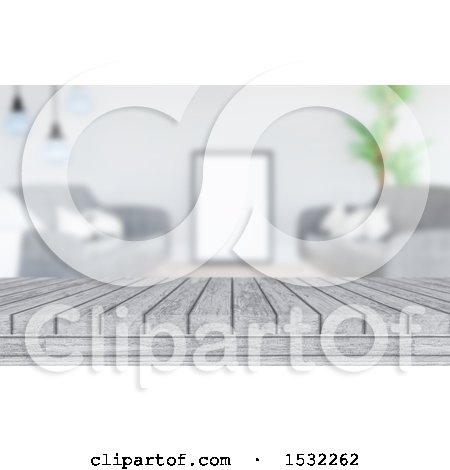 Clipart of a 3d White Washed Wooden Surface Against a Blurred Room - Royalty Free Illustration by KJ Pargeter