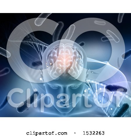 Clipart of a 3d Male Head with Visible Brain over Dna and Cells - Royalty Free Illustration by KJ Pargeter