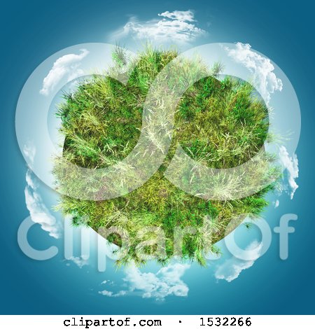 Clipart of a 3d Grassy Planet with Clouds in Blue Sky - Royalty Free Illustration by KJ Pargeter