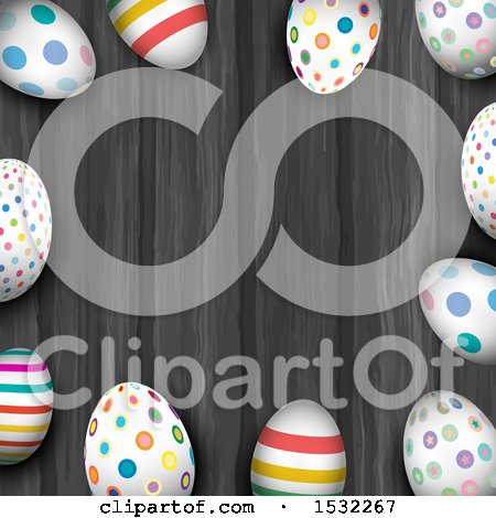 Clipart of a Border of 3d Easter Eggs on Wood - Royalty Free Vector Illustration by KJ Pargeter
