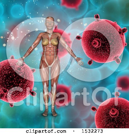 Clipart of a 3d Muscular Woman over Cells - Royalty Free Illustration by KJ Pargeter