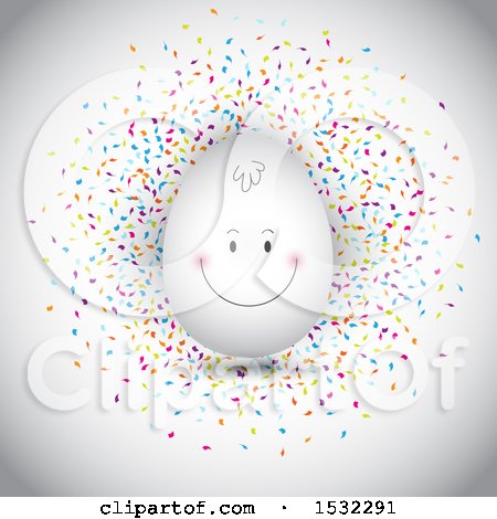 Clipart of a Happy Face on an Easter Egg over Confetti, on a Shaded White Background - Royalty Free Vector Illustration by KJ Pargeter