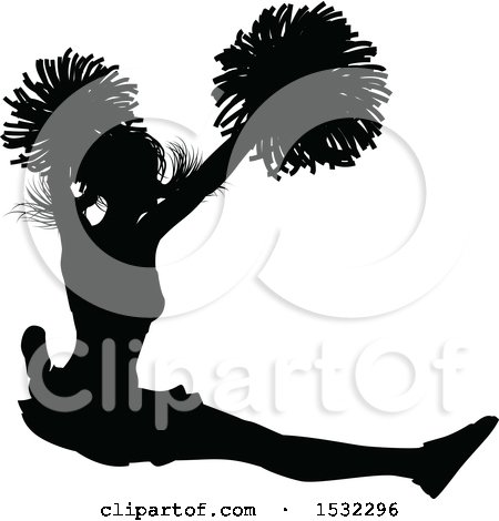 Clipart of a Black Silhouetted Cheerleader in Action - Royalty Free Vector Illustration by AtStockIllustration