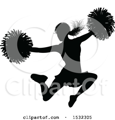 Clipart of a Black Silhouetted Cheerleader in Action - Royalty Free Vector Illustration by AtStockIllustration