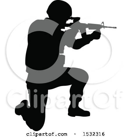 Clipart of a Black Silhouetted Male Armed Soldier - Royalty Free Vector Illustration by AtStockIllustration