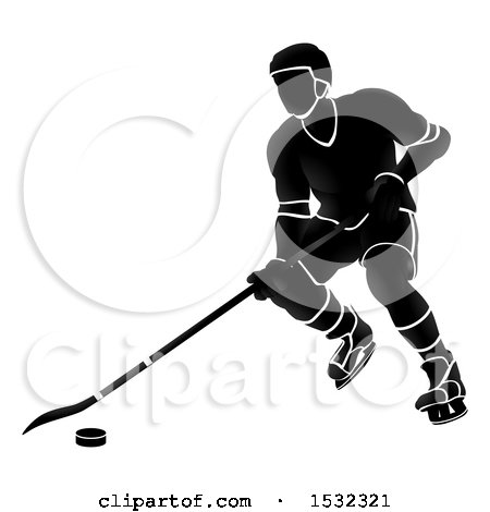 Clipart of a Silhouetted Black and White Ice Hockey Player - Royalty Free Vector Illustration by AtStockIllustration