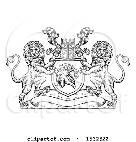 Clipart of a Black and White Heraldic Lions Coat of Arms Crest with a Knights Great Helm Helmet - Royalty Free Vector Illustration by AtStockIllustration