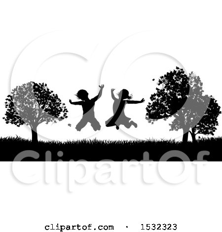 Clipart of a Black and White Border of Silhouetted Children Jumping Outdoors - Royalty Free Vector Illustration by AtStockIllustration