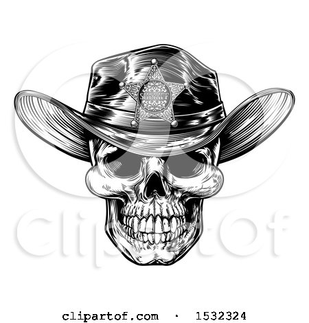 Clipart of a Cowboy Skull Wearing a Sheriff Hat, Black and White Vintage Engraved - Royalty Free Vector Illustration by AtStockIllustration