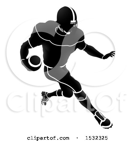 Clipart of a Silhouetted Black and White Football Player Charging - Royalty Free Vector Illustration by AtStockIllustration