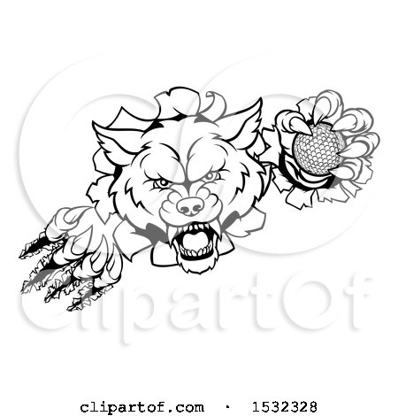 Clipart of a Black and White Ferocious Wolf Slashing Through a Wall with a Golf Ball - Royalty Free Vector Illustration by AtStockIllustration