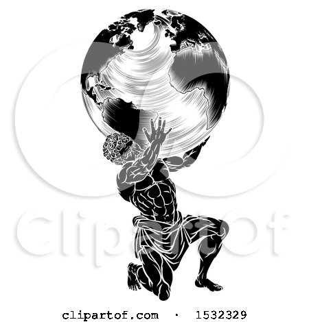 Clipart of a Black and White Atlas Titan Man Carrying a Globe - Royalty Free Vector Illustration by AtStockIllustration