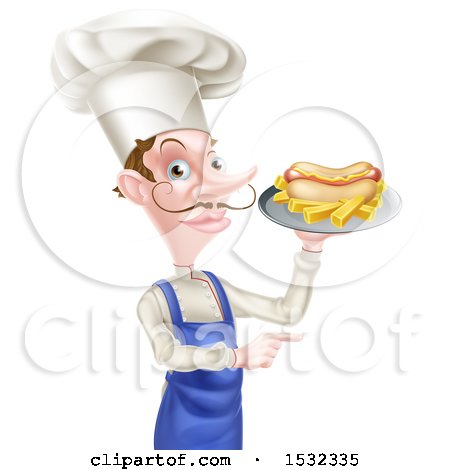 Clipart of a Male Chef Holding a Hot Dog and Fries on a Tray and Pointing - Royalty Free Vector Illustration by AtStockIllustration