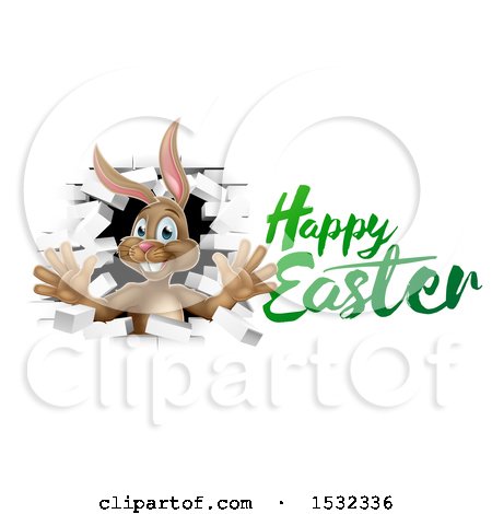 Clipart of a Happy Easter Greeting with a Brown Bunny Rabbit Breaking Through a White Brick Wall - Royalty Free Vector Illustration by AtStockIllustration