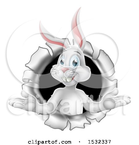 Clipart of a Happy White Easter Bunny Rabbit Popping out of a Hole - Royalty Free Vector Illustration by AtStockIllustration