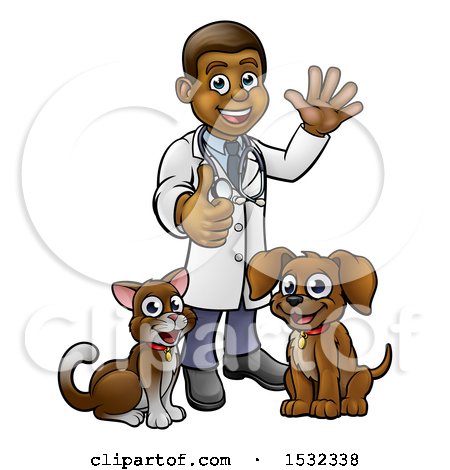 Clipart of a Black Male Veterinarian Giving a Thumb up and Waving, Standing with a Dog and Cat - Royalty Free Vector Illustration by AtStockIllustration