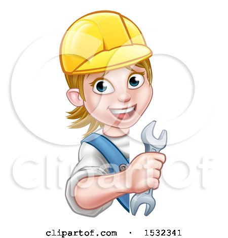 Clipart of a White Female Plumber Holding a Spanner Wrench Around a Sign - Royalty Free Vector Illustration by AtStockIllustration