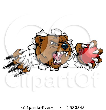 Clipart of a Bear Mascot Slashing Through a Wall with a Cricket Ball in a Paw - Royalty Free Vector Illustration by AtStockIllustration