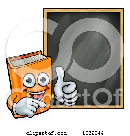 Clipart of a Happy Orange Book Mascot Giving a Thumb up by a Black Board - Royalty Free Vector Illustration by AtStockIllustration