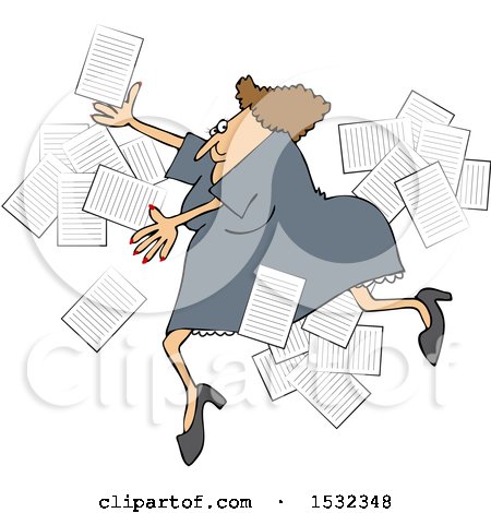 Clipart of a Business Woman Slipping with Papers Flying Around - Royalty Free Vector Illustration by djart