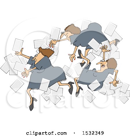 Clipart of a Group of Business Women Falling with Papers Flying Around - Royalty Free Vector Illustration by djart