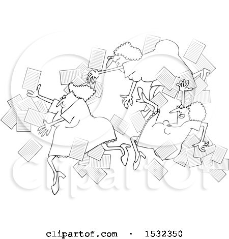 Clipart of a Group of Black and White Business Women Falling with Papers Flying Around - Royalty Free Vector Illustration by djart