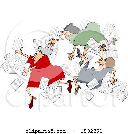 Clipart of a Group of Business Women Falling with Papers Flying Around - Royalty Free Vector Illustration by djart