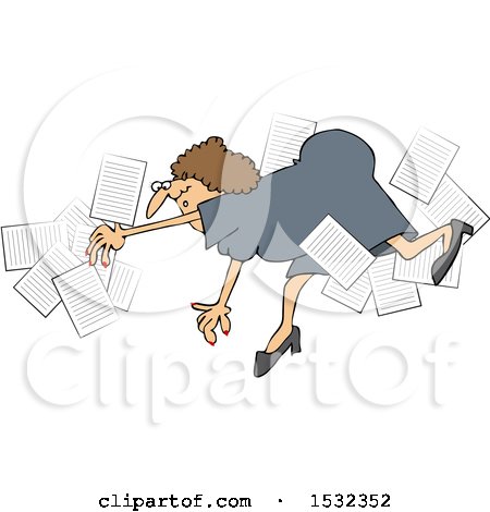 Clipart of a Business Woman Falling with Papers Flying Around - Royalty Free Vector Illustration by djart