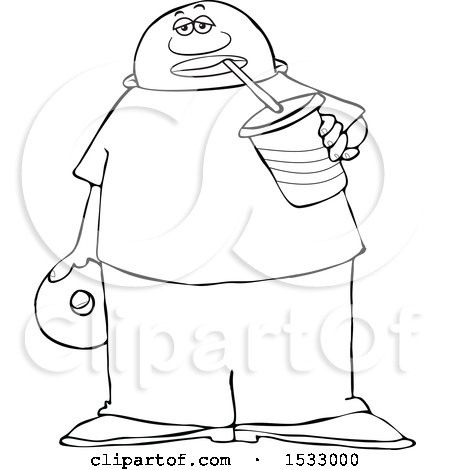 Clipart of a Lineart Man Sipping a Fountain Soda and Holding a Donut - Royalty Free Vector Illustration by djart